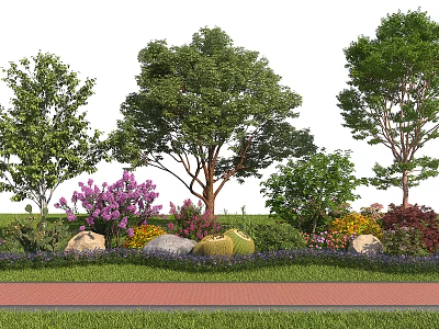 Lush Deciduous Arbor Surrounded by Purple Flowers Stones and Red Brick Path 3d model