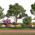 Lush Deciduous Arbor Surrounded by Purple Flowers Stones and Red Brick Path
