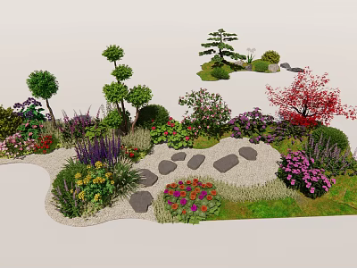 Beautiful Garden Landscape With Various Bushes Colorful Flowers And Stone Pathway 3d model
