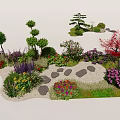Beautiful Garden Landscape With Various Bushes Colorful Flowers And Stone Pathway