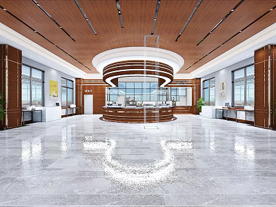 Spacious Modern Lobby With Wooden Ceiling Circular Design And Marble Floor 3d model
