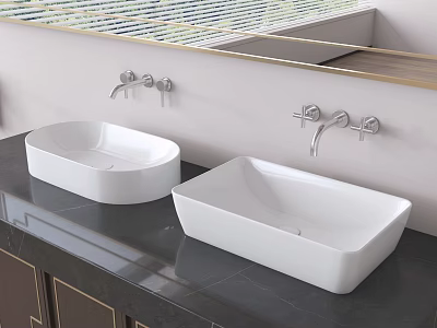White Above Counter Bathroom Washbasins On Dark Countertop With Wall Mounted Faucets And Mirror 3d model