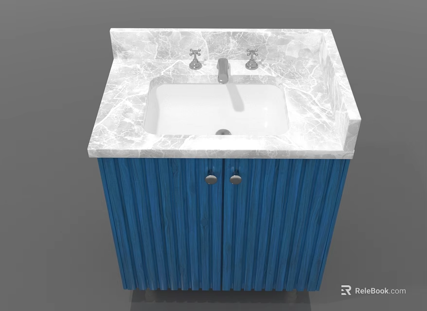Stylish Blue Bathroom Cabinet With Marble Countertop And Sink Faucets 3d model 