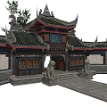 Traditional Chinese Building Exterior Wall With Ornate Eaves Stone Lions And Tile Roof