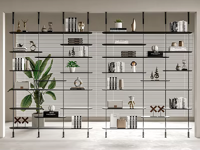 Modern Open Metal Shelf Unit With Books Decorative Items And Green Plant Against Window Blinds 3d model