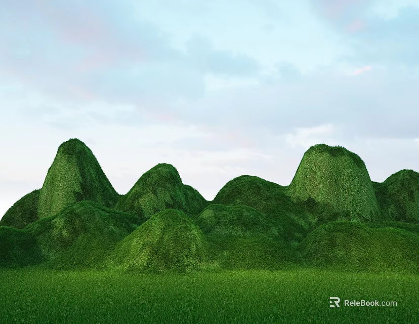 Garden Landscape with Green Hills Covered in Lush Grass Under Blue Sky and Fluffy Clouds 3d model 