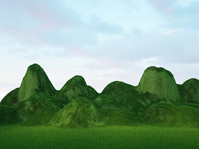 Garden Landscape with Green Hills Covered in Lush Grass Under Blue Sky and Fluffy Clouds 3d model