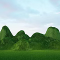 Garden Landscape with Green Hills Covered in Lush Grass Under Blue Sky and Fluffy Clouds