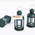 Vintage Green Lanterns With Glass Panels And Metal Frames On White Background