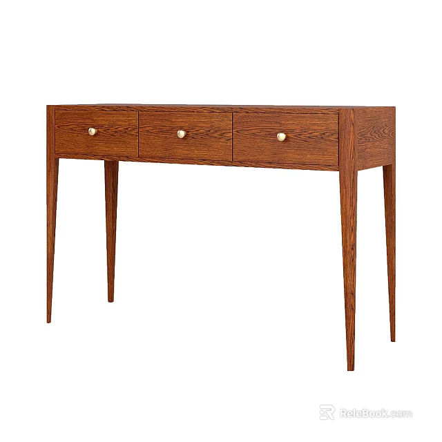 Wooden Desk With Three Drawers And Gold Round Handles Simple Design 3d model 