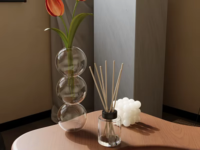 Living Room Decor With Transparent Three Tier Spherical Vase Red Tulip Reed Diffuser White Balls 3d model