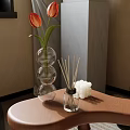 Living Room Decor With Transparent Three Tier Spherical Vase Red Tulip Reed Diffuser White Balls