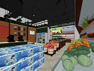 Supermarket Grocery Store Interior With Milk Cartons Fresh Fruits Vegetables And Refrigerated Displays 3d model
