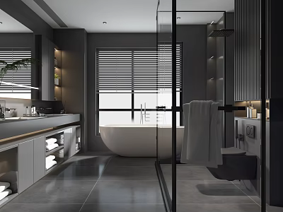 Modern Bathroom Interior Design With White Bathtub Glass Shower Blinds And Dark Tiles 3d model
