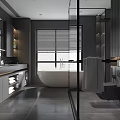 Modern Bathroom Interior Design With White Bathtub Glass Shower Blinds And Dark Tiles