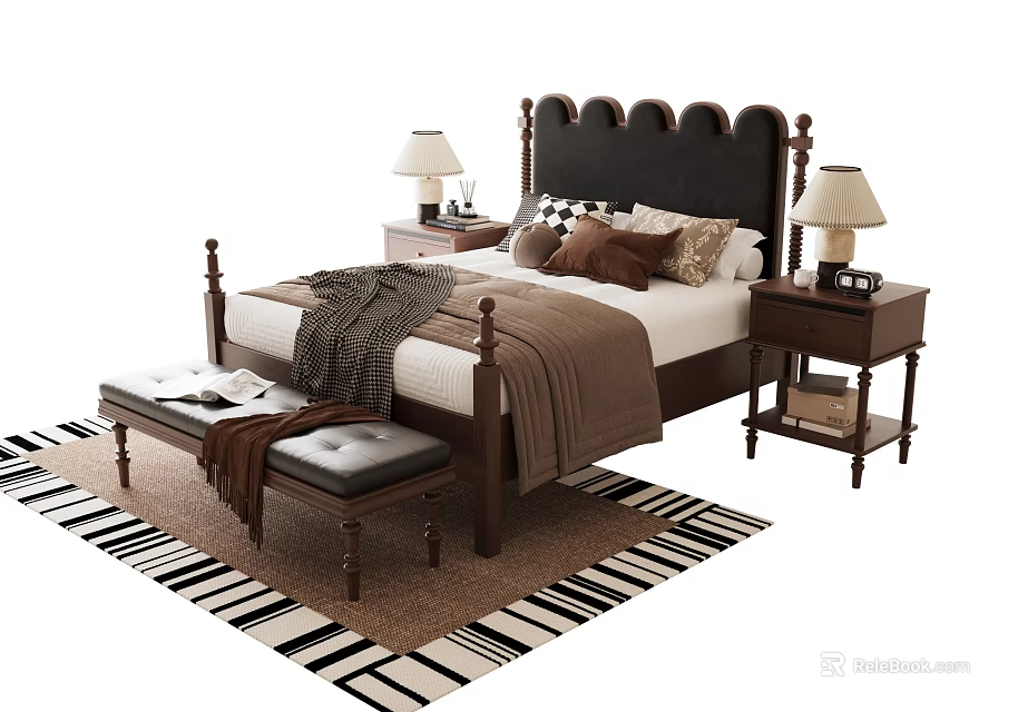 Classic Double Bed With Upholstered Headboard Nightstands Table Lamps And Bench On Striped Rug 3d model 