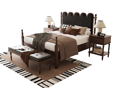Classic Double Bed With Upholstered Headboard Nightstands Table Lamps And Bench On Striped Rug 3d model
