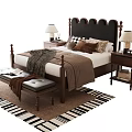 Classic Double Bed With Upholstered Headboard Nightstands Table Lamps And Bench On Striped Rug