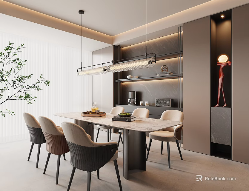 Modern Dining Room Interior With White Table Beige Chairs Pendant Lights And Decorative Plant 3d model 