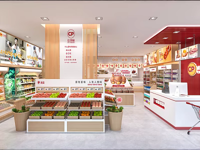 Supermarket Interior With Fresh Fruit Vegetable Displays Shelves Checkout Counter Bright Lighting And Shopping Cart 3d model