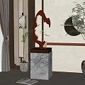 Modern Interior Decorative Red Sculpture With Marble Base And Green Plants