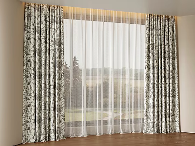 Floral Print Curtains With Sheer Panels For Modern Living Room Window View 3d model