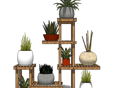 Garden Decor Ideas With Multi Tiered Wooden Plant Stand And Various Potted Plants 3d model
