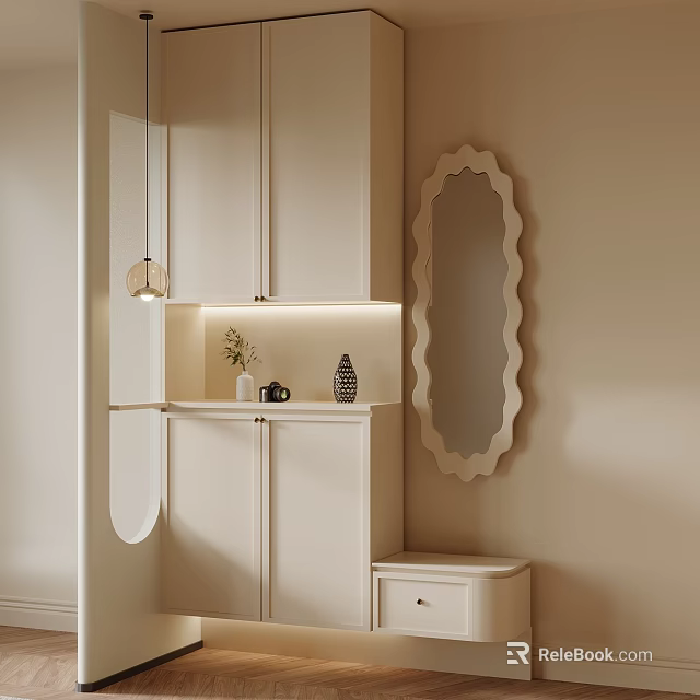 Modern White Shoe Cabinet with Built-in Light and Mirror in Minimalist Entryway Design 3d model 
