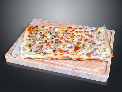 Tasty Rectangular Pizza Loaded with Fresh Vegetables Meats on Wooden Board 3d model