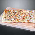 Tasty Rectangular Pizza Loaded with Fresh Vegetables Meats on Wooden Board