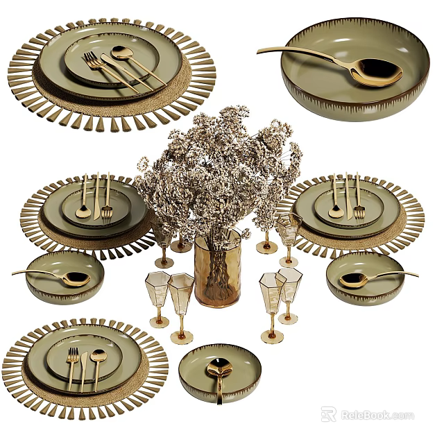 Modern Metallic Dinnerware Set Including Plates Forks Spoons Wine Glasses And Vase 3d model 