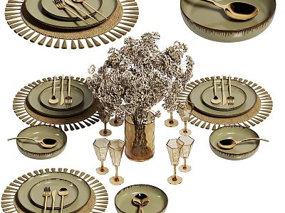 Modern Metallic Dinnerware Set Including Plates Forks Spoons Wine Glasses And Vase 3d model