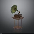 Vintage Gramophone With Green Horn And Wooden Base On Table Stand