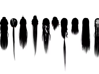 Women with Long Black Hair Silhouettes Showing Various Hairstyle and Accessory Designs 3d model