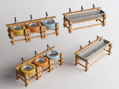 Multiple Wooden Washbasin Units With Colored Basins And Hanging Frames 3d model