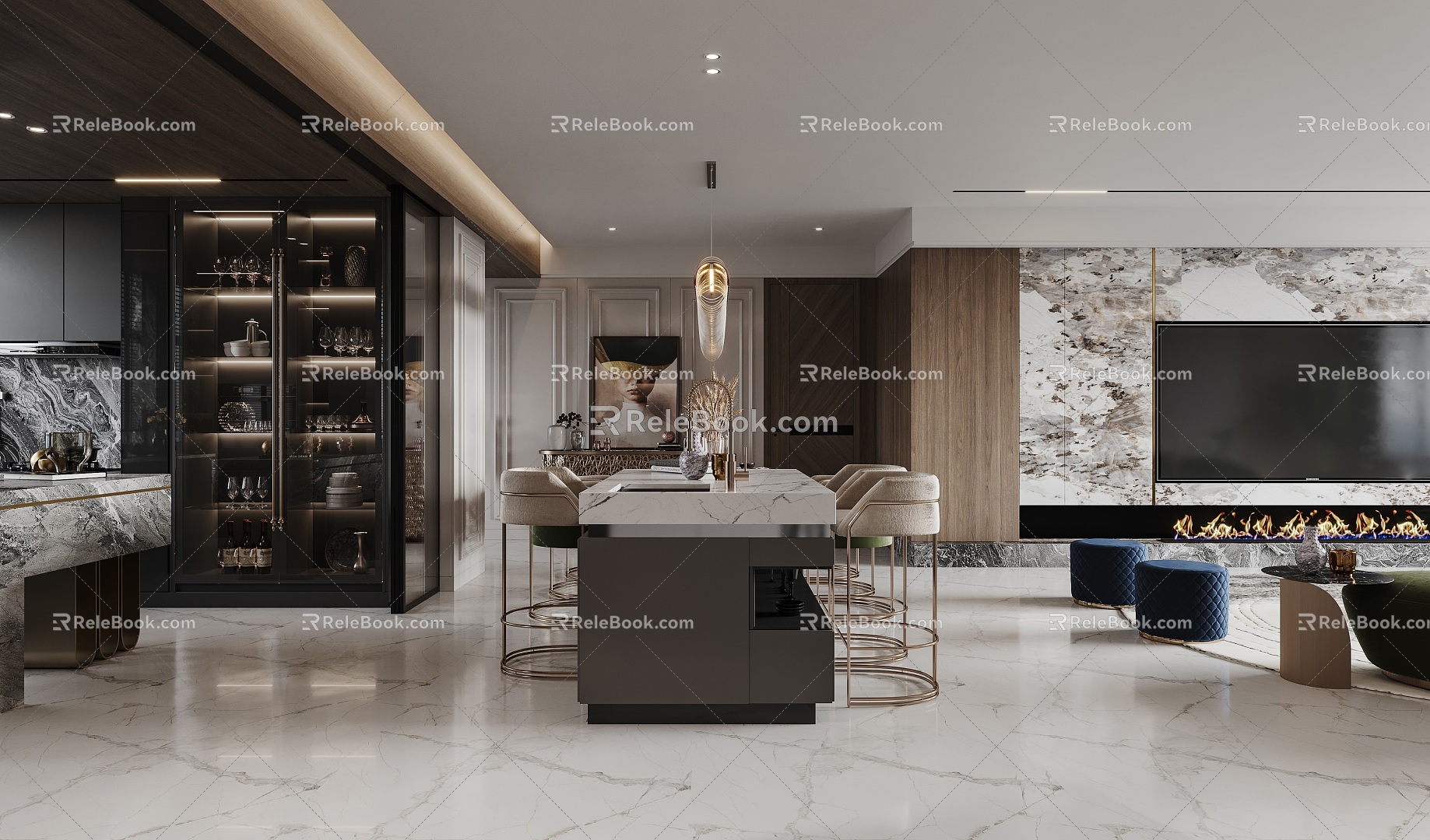 Light luxury restaurant guest restaurant kitchen 3d model