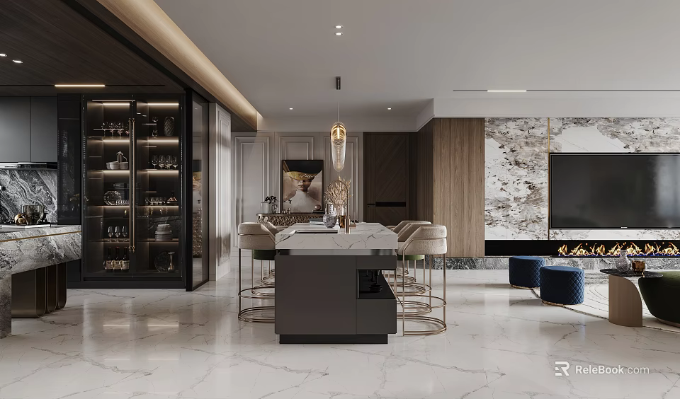 Modern Living and Dining Room Interior Design With Marble Island Glass Wine Cabinet Bar Stools 3d model 