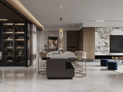 Modern Living and Dining Room Interior Design With Marble Island Glass Wine Cabinet Bar Stools 3d model