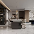Modern Living and Dining Room Interior Design With Marble Island Glass Wine Cabinet Bar Stools