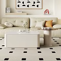 Beige Sofa Coffee Table Set With White Top And Round Side Table In Modern Living Room