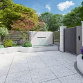 Modern Garden Landscape With Topiary Shrubs Colorful Flowers Paved Patio And Metal Gate