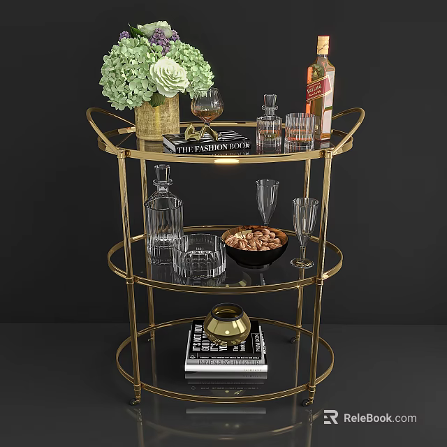 Gold Multi Tiered Round Side Table With Flower Bouquet Wine Glasses Books And Nut Bowl 3d model 