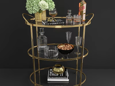 Gold Multi Tiered Round Side Table With Flower Bouquet Wine Glasses Books And Nut Bowl 3d model