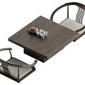 Traditional Wooden Tea Table and Chairs with Curved Backrest and Tea Set