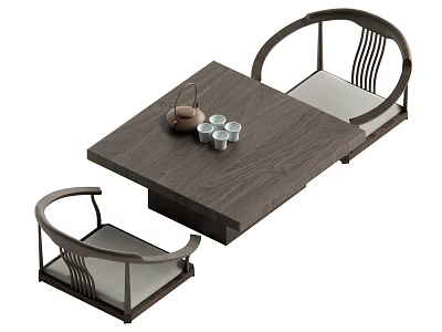 Traditional Wooden Tea Table and Chairs with Curved Backrest and Tea Set 3d model