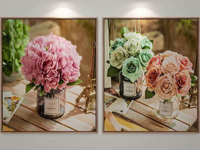 Plant Paintings With Pink Hydrangea Green Pink Roses In Vases Eiffel Tower On Wooden Tabletop 3d model