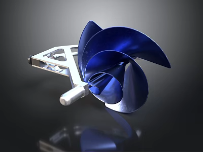 Blue Metallic Propeller Component with Silver Shaft and Metal Bracket Industrial Design 3d model