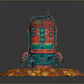 Red Green Mechanical Creature Character Standing On Orange Pink Organic Platform