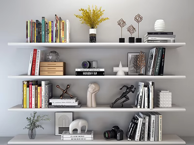 Books And Magazines On Modern Shelves With Decorative Sculptures Vase Camera And Photo Frame 3d model