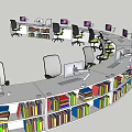 Circular Office Desks Arrangement With Multiple Workstations Monitors Office Chairs And Bookshelves